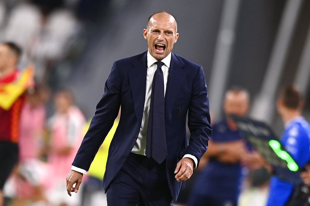 Juventus' coach Massimiliano Allegri shouts instructions during the Serie A soccer match between Juventus and Empoli at the Allianz stadium in Turin, Italy, Saturday, Aug. 28, 2021. (Fabio Ferrari/LaPresse via AP)