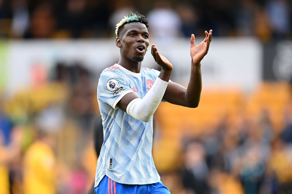 WOLVERHAMPTON, ENGLAND - AUGUST 29: Paul Pogba of Manchester United celebrates following the Premier League match between Wolverhampton Wanderers  and  Manchester United at Molineux on August 29, 2021 in Wolverhampton, England. (Photo by Michael Regan/Getty Images)