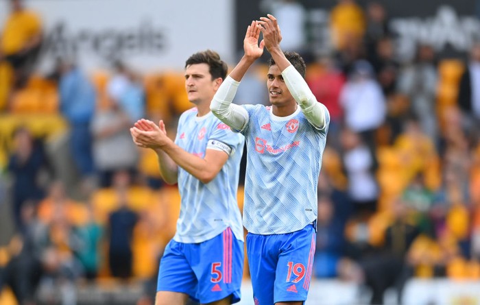 Raphael Varane WOLVERHAMPTON, ENGLAND - AUGUST 29: Raphael Varane and Harry Maguire look on after the Premier League match between Wolverhampton Wanderers and Manchester United at Molineux on August 29, 2021 in Wolverhampton, England. (Photo by Michael Regan/Getty Images)