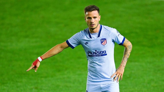 PAMPLONA, SPAIN - JUNE 17: Saul Niguez of Atletico de Madrid reacts during the Liga match between CA Osasuna and Club Atletico de Madrid at El Sadar on June 17, 2020 in Pamplona, Spain. (Photo by David Ramos/Getty Images)