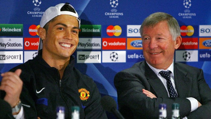 MANCHESTER, ENGLAND - APRIL 06:  Cristiano Ronaldo of Manchester United and Sir Alex Ferguson the manager of Manchester United face the media during a press conference held at Old Trafford on April 6, 2009 in Manchester, England.  (Photo by Alex Livesey/Getty Images)
