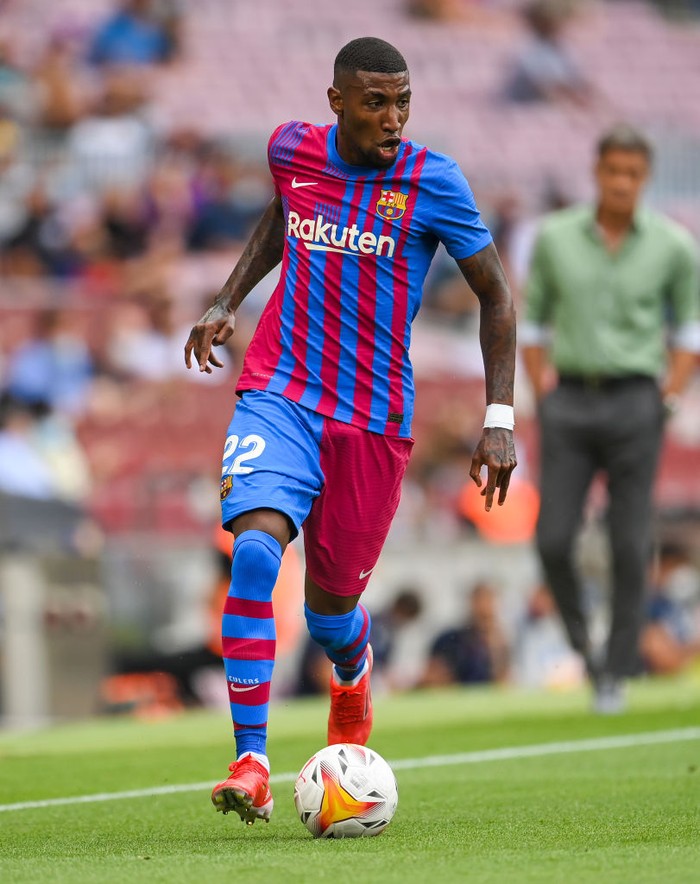 Emerson Royal BARCELONA, SPAIN - AUGUST 29: Emerson Royal of FC Barcelona runs with the ball during the La Liga Santader match between FC Barcelona and Getafe CF at Camp Nou on August 29, 2021 in Barcelona, Spain. (Photo by David Ramos/Getty Images)