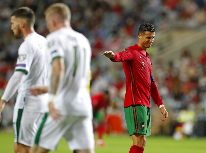 Portugals Cristiano Ronaldo reacts during the World Cup 2022 group A qualifying soccer match between Portugal and the Republic of Ireland at the Algarve stadium outside Faro, Portugal, Wednesday, Sept. 1, 2021. (AP Photo/Armando Franca)