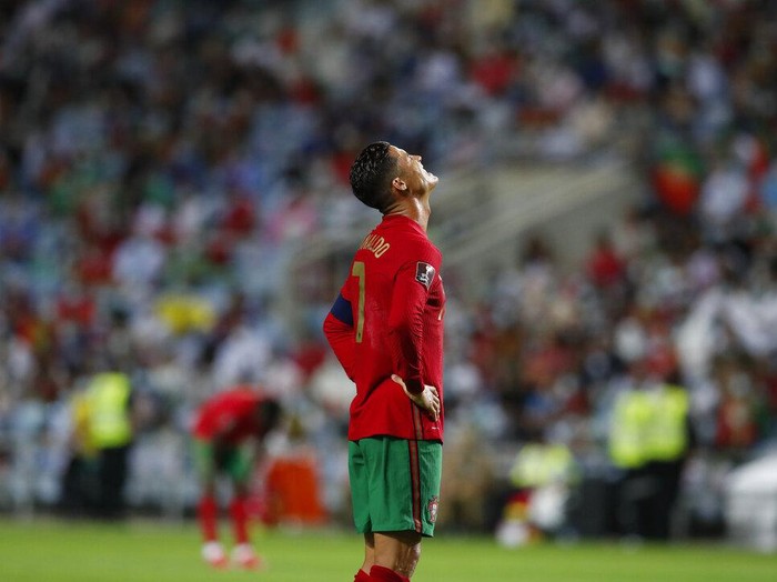 Portugal's Cristiano Ronaldo reacts during the World Cup 2022 group A qualifying soccer match between Portugal and the Republic of Ireland at the Algarve stadium outside Faro, Portugal, Wednesday, Sept. 1, 2021. (AP Photo/Armando Franca)