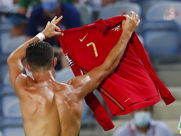 Portugal's Cristiano Ronaldo reacts during the World Cup 2022 group A qualifying soccer match between Portugal and the Republic of Ireland at the Algarve stadium outside Faro, Portugal, Wednesday, Sept. 1, 2021. (AP Photo/Armando Franca)