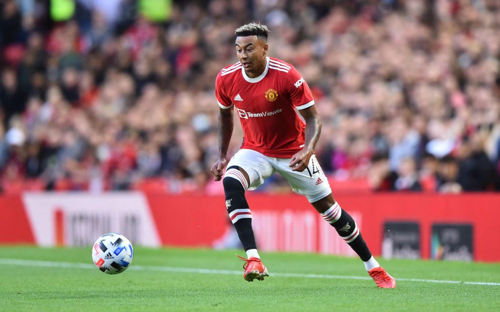 MANCHESTER, ENGLAND - JULY 28: Jesse Lingardof Manchester United runs with the ball during the pre-season friendly match between Manchester United and Brentford at Old Trafford on July 28, 2021 in Manchester, England. (Photo by Nathan Stirk/Getty Images)