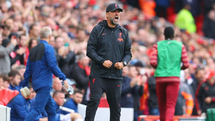LIVERPOOL, ENGLAND - AUGUST 21: Jurgen Klopp, Manager of Liverpool reacts during the Premier League match between Liverpool and Burnley at Anfield on August 21, 2021 in Liverpool, England. (Photo by Catherine Ivill/Getty Images)