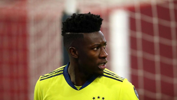 AMSTERDAM, NETHERLANDS - DECEMBER 09: Goalkeeper, Andre Onana of Ajax looks on during the UEFA Champions League Group D stage match between Ajax Amsterdam and Atalanta BC at Johan Cruijff Arena on December 09, 2020 in Amsterdam, Netherlands. Sporting stadiums around Netherlands remain under strict restrictions due to the Coronavirus Pandemic as Government social distancing laws prohibit fans inside venues resulting in games being played behind closed doors. (Photo by Dean Mouhtaropoulos/Getty Images)