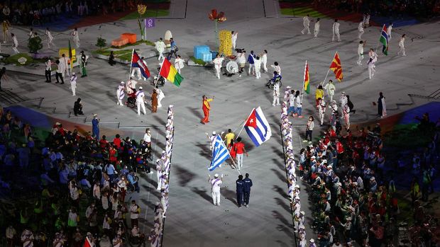 TOKYO, JAPAN - SEPTEMBER 05: A general view as the flag bearers of the competing nations enter the stadium during the Closing Ceremony on day 12 of the Tokyo 2020 Paralympic Games at Olympic Stadium on September 05, 2021 in Tokyo, Japan. (Photo by Alex Pantling/Getty Images)