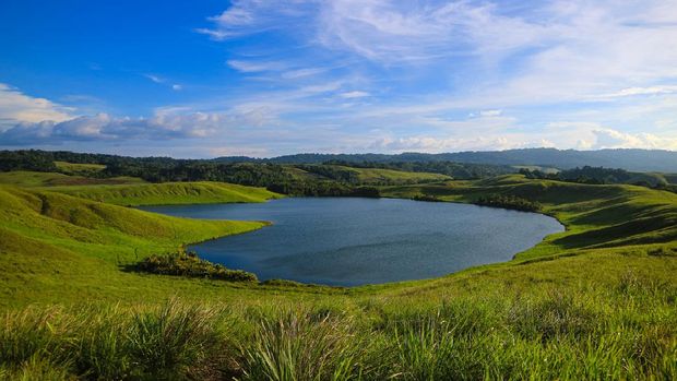 Imfote Lake, a beautiful landscape and one of the well-known destinations in Jayapura, Papua, Indonesia. The shape of the lake looks like a heart.