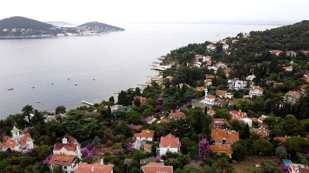 Büyükada Aerial view with drone over Büyükada the Princes Island in the Sea of Marmara Turkey Istanbul with many trees and villas. Recreation area