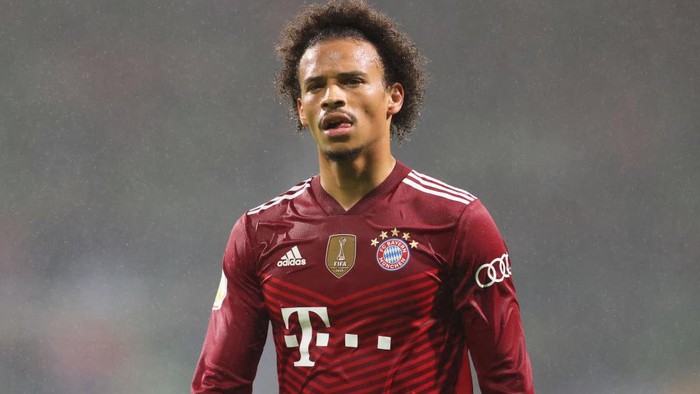 BREMEN, GERMANY - AUGUST 25: Leroy Sane of FC Bayern Muenchen looks on during the DFB Cup first round match between Bremer SV and Bayern Munchen at Wohninvest Weserstadion on August 25, 2021 in Bremen, Germany. (Photo by Joern Pollex/Getty Images)