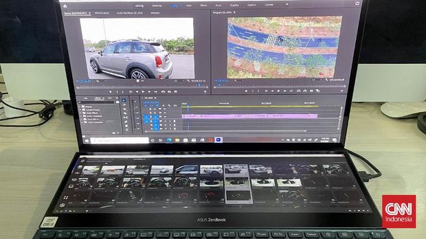 Ilustrasi penggunaan Asus Zenbook Pro Duo untuk video editing dengan memanfaatkan fitur screepad.