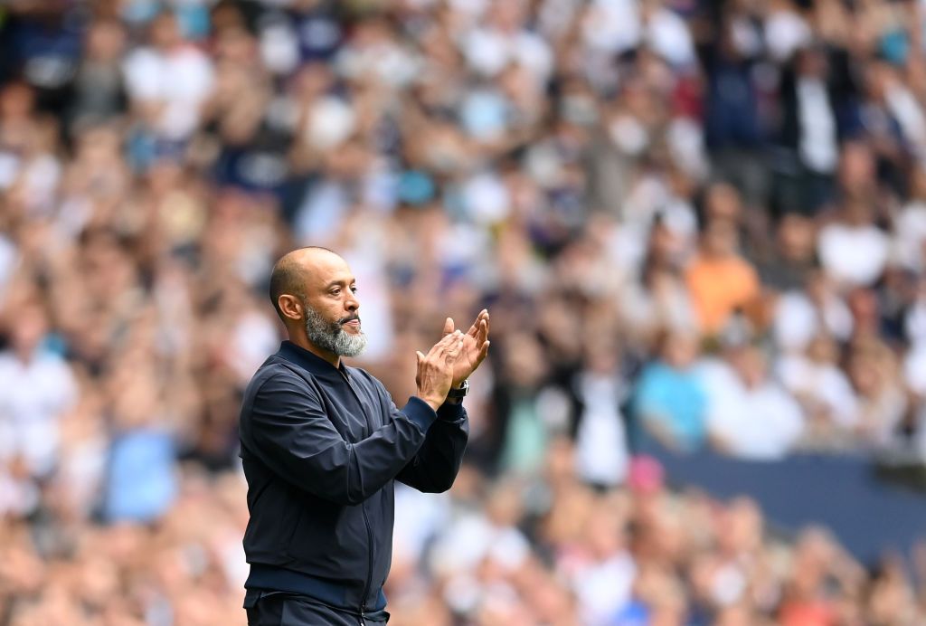 LONDON, ENGLAND - AUGUST 15: Nuno Espirito Santo, Manager of Tottenham Hotspur applauds during the Premier League match between Tottenham Hotspur and Manchester City at Tottenham Hotspur Stadium on August 15, 2021 in London, England. (Photo by Michael Regan/Getty Images)