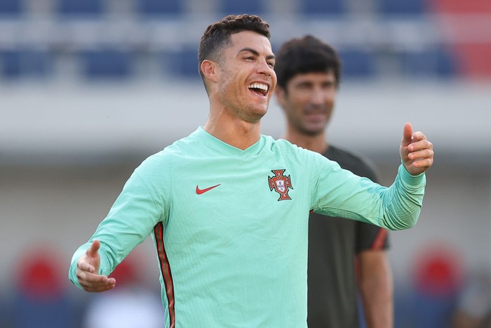 BUDAPEST, HUNGARY - JUNE 22: Cristiano Ronaldo of Portugal reacts during the Portugal Training Session ahead of the UEFA Euro 2020 Group F match between Portugal and France at Illovski Stadium on June 22, 2021 in Budapest, Hungary. (Photo by Alex Pantling/Getty Images)