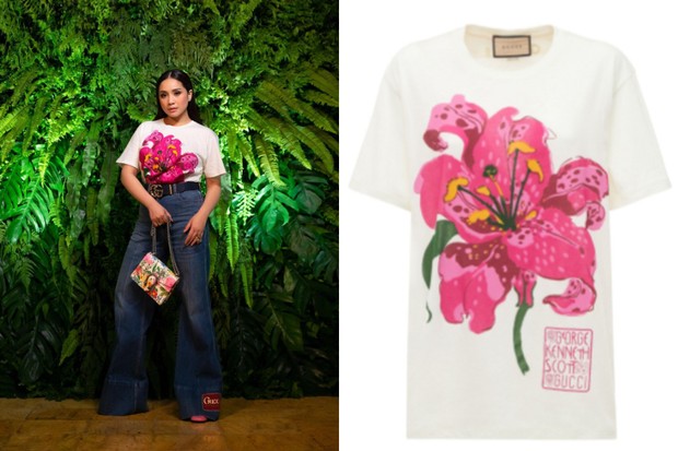 Nagita Slavina dengan Kaus Putih Floral Print
