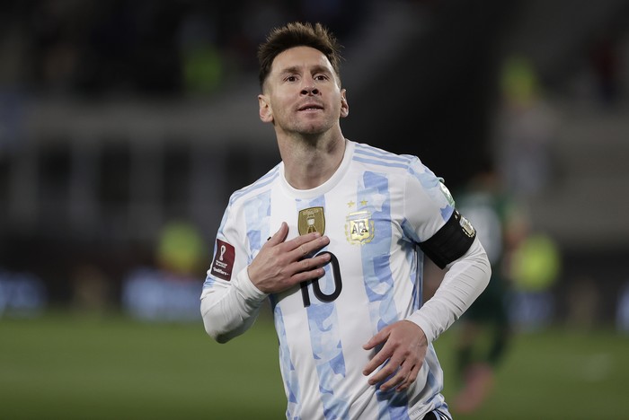 Argentinas Lionel Messi celebrates scoring the opening goal against Bolivia during a qualifying soccer match for the FIFA World Cup Qatar 2022, in Buenos Aires, Argentina, Thursday, Sept. 9, 2021. (Juan Roncoroni/Pool via AP)