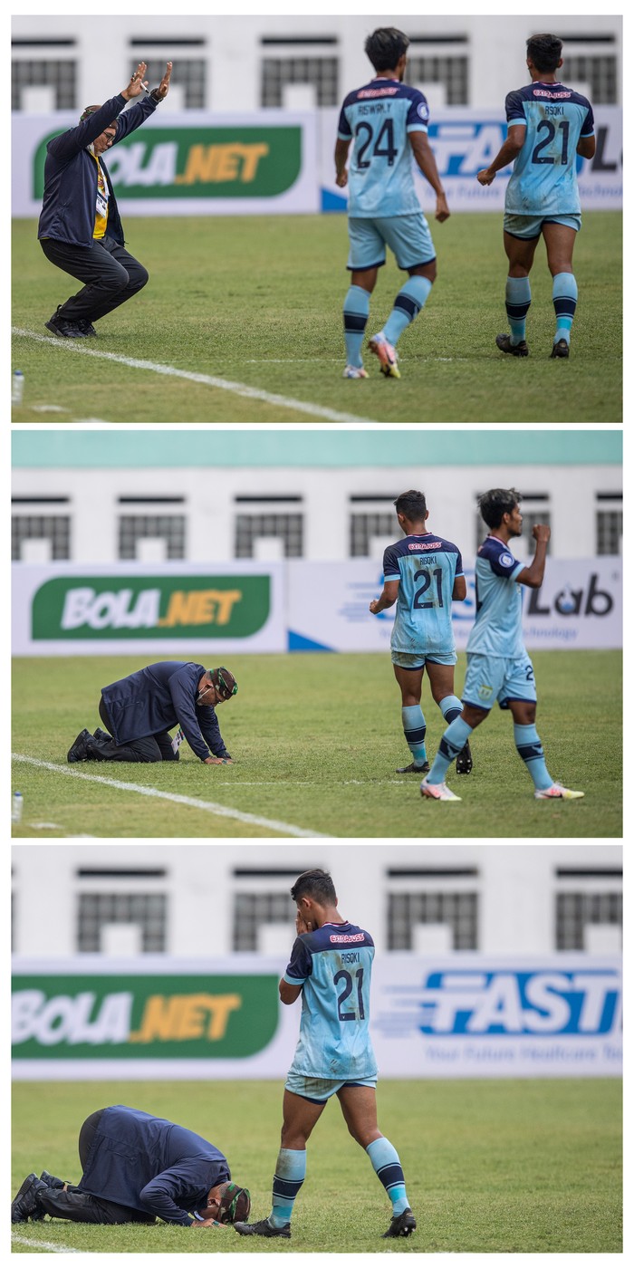 PERSELA LAMONGAN KALAHKAN PERSIPURA JAYAPURA Kolase foto dari Pelatih Persela Lamongan Iwan Setiawan (kiri) sujud syukur usai timnya mengalahkan Persipura Jayapura dalam lanjutan Liga 1 2021-2022 di Stadion Wibawa Mukti, Cikarang, Kabupaten Bekasi, Jawa Barat, Jumat (10/9/2021). Persela Lamongan menang atas Persipura Jayapura dengan skor akhir 1-0. ANTARA FOTO/M Risyal Hidayat/wsj.