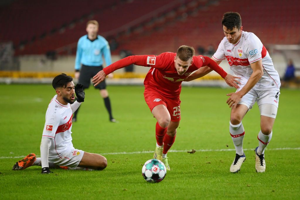 STUTTGART, GERMANY - JANUARY 02: Dani Olmo of RB Leipzig reacts during the Bundesliga match between VfB Stuttgart and RB Leipzig at Mercedes-Benz Arena on January 02, 2021 in Stuttgart, Germany. Sporting stadiums around Germany remain under strict restrictions due to the Coronavirus Pandemic as Government social distancing laws prohibit fans inside venues resulting in games being played behind closed doors. (Photo by Matthias Hangst/Getty Images)