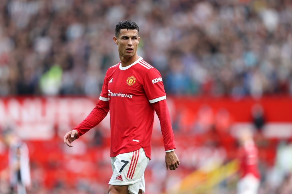 MANCHESTER, ENGLAND - SEPTEMBER 11: Cristiano Ronaldo of Manchester United looks on during the Premier League match between Manchester United and Newcastle United at Old Trafford on September 11, 2021 in Manchester, England. (Photo by Clive Brunskill/Getty Images)