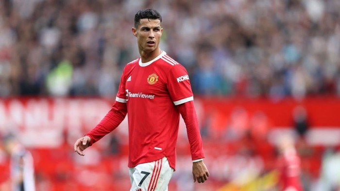 MANCHESTER, ENGLAND - SEPTEMBER 11: Cristiano Ronaldo of Manchester United looks on during the Premier League match between Manchester United and Newcastle United at Old Trafford on September 11, 2021 in Manchester, England. (Photo by Clive Brunskill/Getty Images)