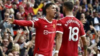 Cristiano Ronaldo menandai laga comeback ke Man United dengan torehan dua gol dalam kemenangan 4-1. Dua gol lain dicetak Bruno Fernandes dan Jesse Lingard. (Foto: AP/Rui Vieira)