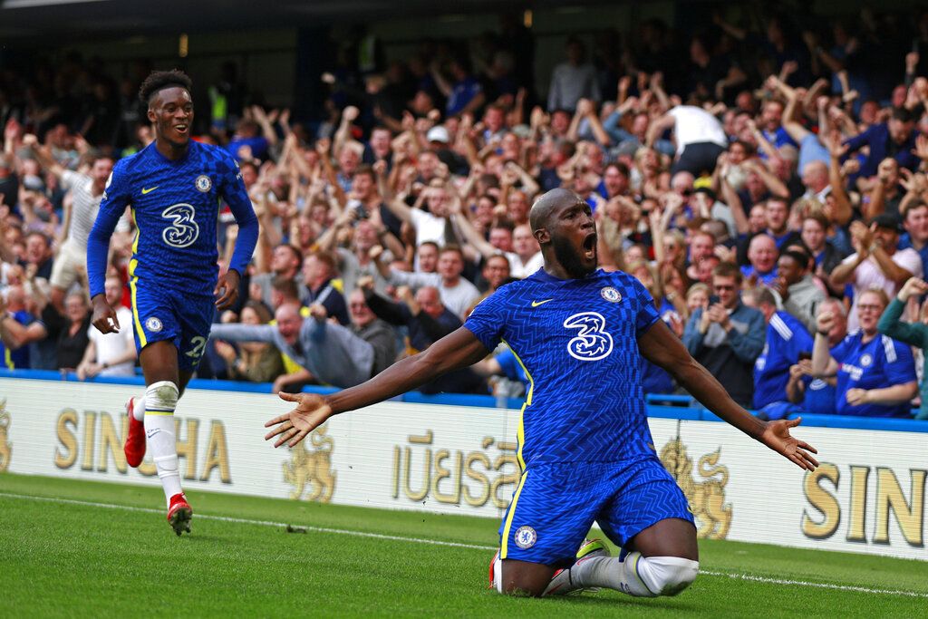 Romelu Lukaku Chelsea's Romelu Lukaku, right, celebrates after scoring his side's opening goal during the English Premier League match between Chelsea and Aston Villa at the Stamford Bridge Stadium in London, Saturday, Sept. 11, 2021. (AP Photo/Ian Walton)