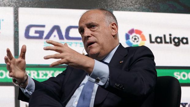 LISBON, PORTUGAL - SEPTEMBER 05: Javier Tebas President of La Liga talks during Day 1 of Soccerex Europe Convention at Tagus Park on September 5, 2019 in Lisbon, Portugal. (Photo by Gualter Fatia/Getty Images)