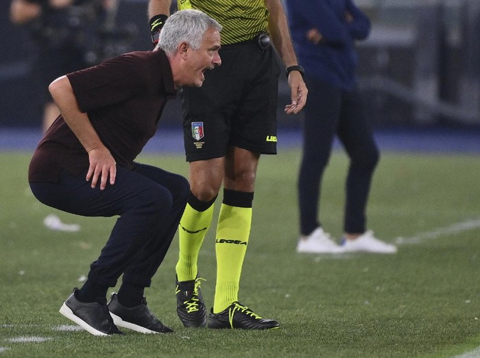 Roma head coach Jose Mourinho during the Italian Serie A soccer match between Roma and Sassuolo at the Olympic stadium in Rome Sunday, Sept. 12, 2021. (Alfredo Falcone/LaPresse via AP)