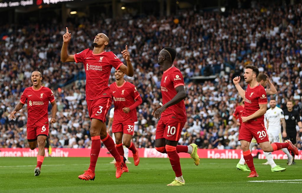 LEEDS, ENGLAND - SEPTEMBER 12: Fabinho of Liverpool celebrates after scoring their side's second goal during the Premier League match between Leeds United and Liverpool at Elland Road on September 12, 2021 in Leeds, England. (Photo by Shaun Botterill/Getty Images)