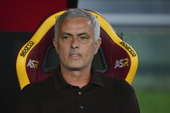 Romas head coach Jose Mourinho looks on during the Italian Serie A soccer match between Roma and Sassuolo at the Olympic stadium in Rome Sunday, Sept. 12, 2021. (Alfredo Falcone/LaPresse via AP)