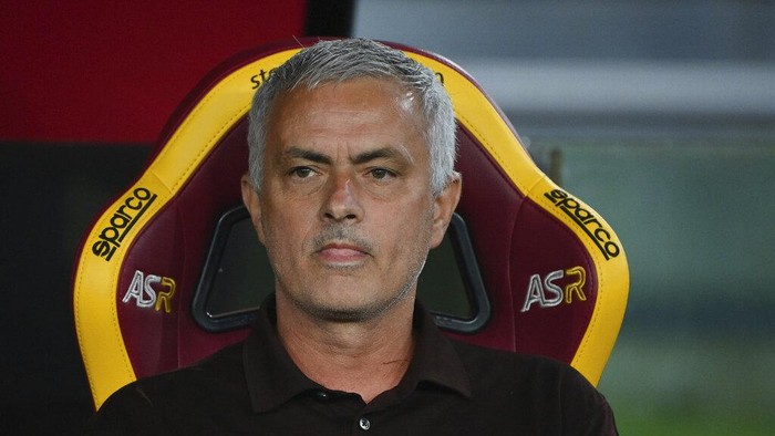 Romas head coach Jose Mourinho looks on during the Italian Serie A soccer match between Roma and Sassuolo at the Olympic stadium in Rome Sunday, Sept. 12, 2021. (Alfredo Falcone/LaPresse via AP)