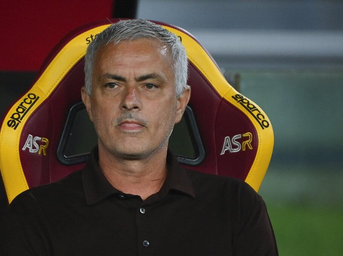 Roma's head coach Jose Mourinho looks on during the Italian Serie A soccer match between Roma and Sassuolo at the Olympic stadium in Rome Sunday, Sept. 12, 2021. (Alfredo Falcone/LaPresse via AP)