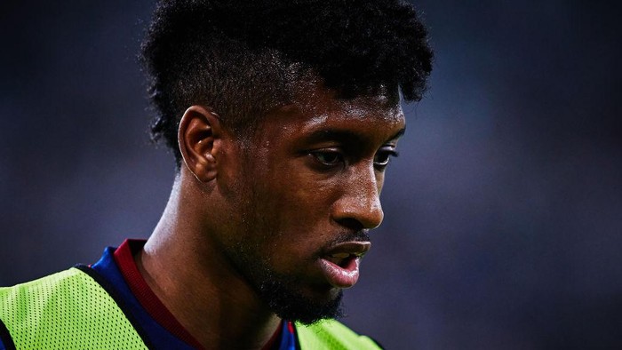 MOENCHENGLADBACH, GERMANY - AUGUST 13: Kingsley Coman FC Bayern looks on during the Bundesliga match between Borussia Mönchengladbach and FC Bayern München at Borussia-Park on August 13, 2021 in Moenchengladbach, Germany. (Photo by Joosep Martinson/Getty Images,)