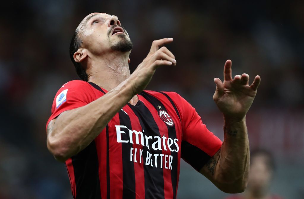 MILAN, ITALY - SEPTEMBER 12: Zlatan Ibrahimovic of AC Milan looks on during the Serie A match between AC Milan and SS Lazio at Stadio Giuseppe Meazza on September 12, 2021 in Milan, Italy. (Photo by Marco Luzzani/Getty Images)