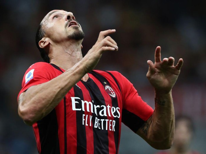 MILAN, ITALY - SEPTEMBER 12: Zlatan Ibrahimovic of AC Milan looks on during the Serie A match between AC Milan and SS Lazio at Stadio Giuseppe Meazza on September 12, 2021 in Milan, Italy. (Photo by Marco Luzzani/Getty Images)