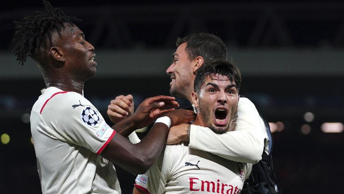 AC Milan’s Brahim Diaz celebrates after scoring his side’s second goal during the Champions League Group B soccer match between Liverpool and AC Milan at Anfield, in Liverpool, England, Wednesday Sept. 15, 2021. (Peter Byrne/PA via AP)