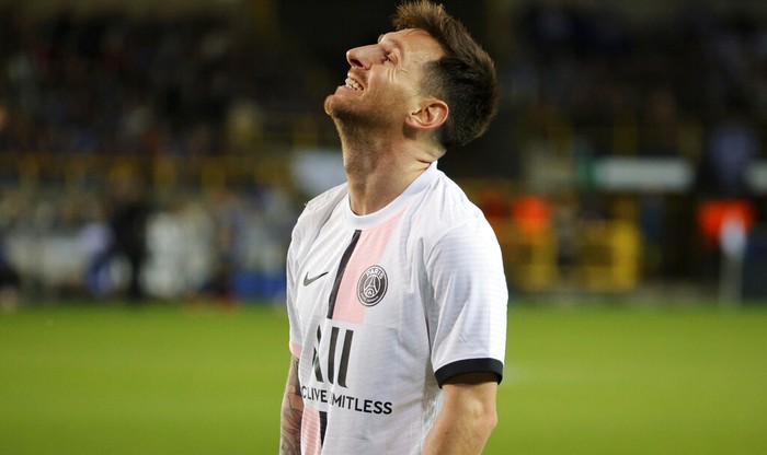 PSGs Lionel Messi reacts during the Champions League Group A soccer match between Club Brugge and PSG at the Jan Breydel stadium in Bruges, Belgium, Wednesday, Sept. 15, 2021. (AP Photo/Olivier Matthys)