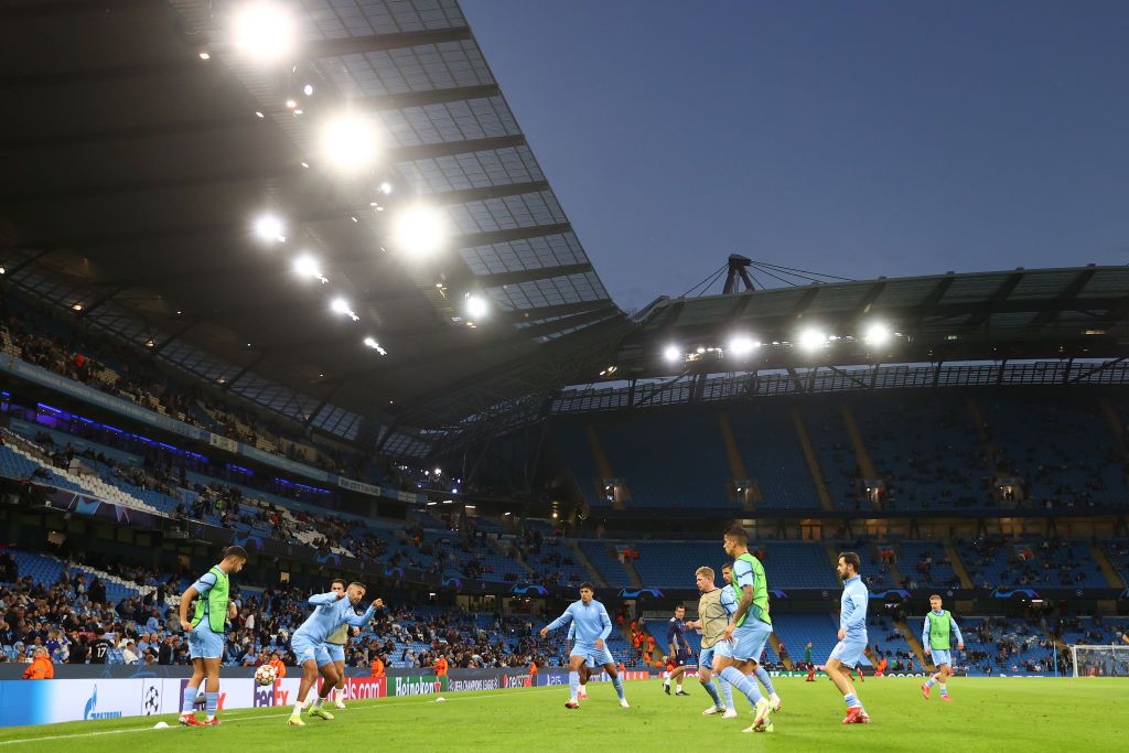 MANCHESTER, ENGLAND - MAY 23: Gabriel Jesus of Manchester City celebrates with teammates in front of their fans after scoring his team's second goal during the Premier League match between Manchester City and Everton at Etihad Stadium on May 23, 2021 in Manchester, England. A limited number of fans will be allowed into Premier League stadiums as Coronavirus restrictions begin to ease in the UK. (Photo by Peter Powell - Pool/Getty Images)