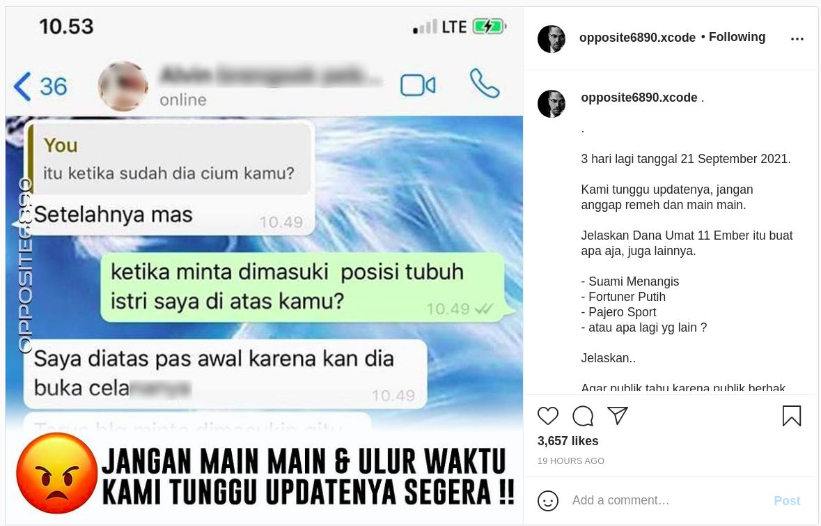 Sebuah percakapan dengan seseorang yang diduga Alvin Faiz mengaku melakukan perzinahan dengan istri orang.