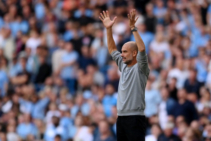 MANCHESTER, ENGLAND - SEPTEMBER 18: Pep Guardiola, Manager of Manchester City reacts during the Premier League match between Manchester City and Southampton at Etihad Stadium on September 18, 2021 in Manchester, England. (Photo by Laurence Griffiths/Getty Images)