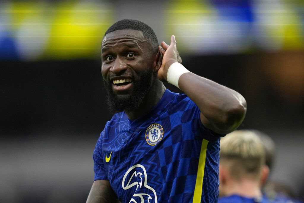 Chelsea's Antonio Rudiger celebrates after scoring his side's third goal during the English Premier League soccer match between Tottenham Hotspur and Chelsea at the Tottenham Hotspur Stadium in London, England, Sunday, Sep. 19, 2021. (AP Photo/Matt Dunham)