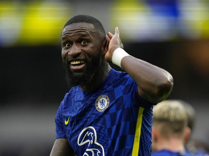 Chelsea's Antonio Rudiger celebrates after scoring his side's third goal during the English Premier League soccer match between Tottenham Hotspur and Chelsea at the Tottenham Hotspur Stadium in London, England, Sunday, Sep. 19, 2021. (AP Photo/Matt Dunham)