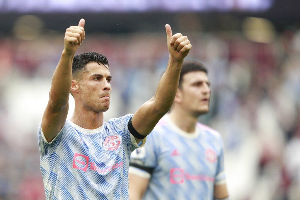 Manchester United's Cristiano Ronaldo reacts after the English Premier League soccer match between West Ham United and Manchester United at the London Stadium in London, England, Sunday, Sept. 19, 2021. Manchester United won 2-1. (AP Photo/Ian Walton)