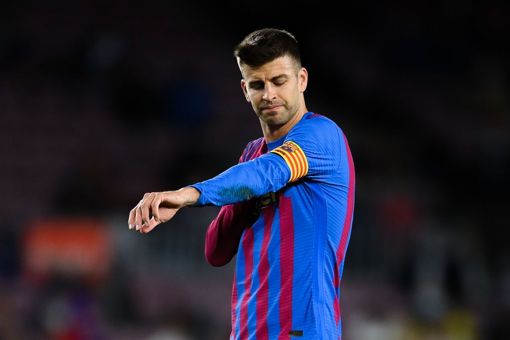 Gerard Pique BARCELONA, SPAIN - SEPTEMBER 20: Gerard Pique of FC Barcelona looks on during the La Liga Santander match between FC Barcelona and Granada CF at Camp Nou on September 20, 2021 in Barcelona, Spain. (Photo by David Ramos/Getty Images)