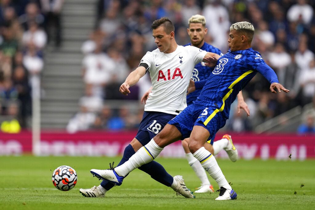 Chelsea's Thiago Silva controls the ball during the English Premier League soccer match between Tottenham Hotspur and Chelsea at the Tottenham Hotspur Stadium in London, England, Sunday, Sep. 19, 2021. (AP Photo/Matt Dunham)
