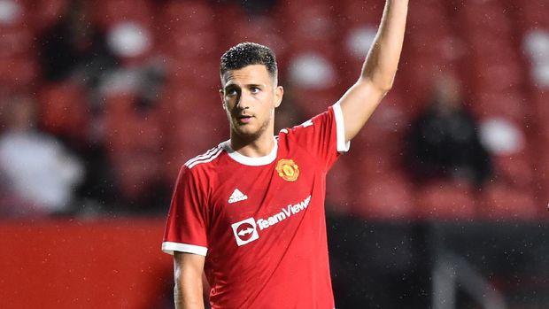 MANCHESTER, ENGLAND - JULY 28: Diogo Dalotof Manchester United gestures during the pre-season friendly match between Manchester United and Brentford at Old Trafford on July 28, 2021 in Manchester, England. (Photo by Nathan Stirk/Getty Images)