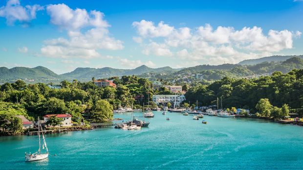 Panorama landscape with sea and mountains at the harbor of Castries in Saint Lucia, Eastern Caribbean
