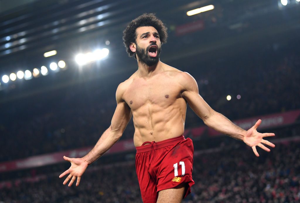 LIVERPOOL, ENGLAND - JANUARY 19: Mohamed Salah of Liverpool celebrates after scoring his team's second goal during the Premier League match between Liverpool FC and Manchester United at Anfield on January 19, 2020 in Liverpool, United Kingdom. (Photo by Michael Regan/Getty Images)