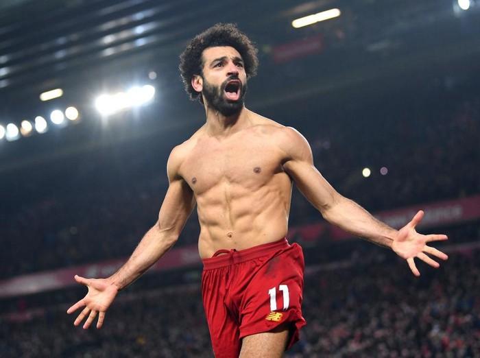 LIVERPOOL, ENGLAND - JANUARY 19: Mohamed Salah of Liverpool celebrates after scoring his team's second goal during the Premier League match between Liverpool FC and Manchester United at Anfield on January 19, 2020 in Liverpool, United Kingdom. (Photo by Michael Regan/Getty Images)